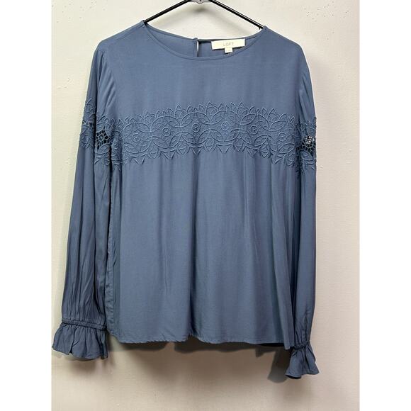 LOFT Tops - LOFT‎ Blouse Womens Small Blue Long Sleeve Lace Inset Boho Top Embroidered NWT